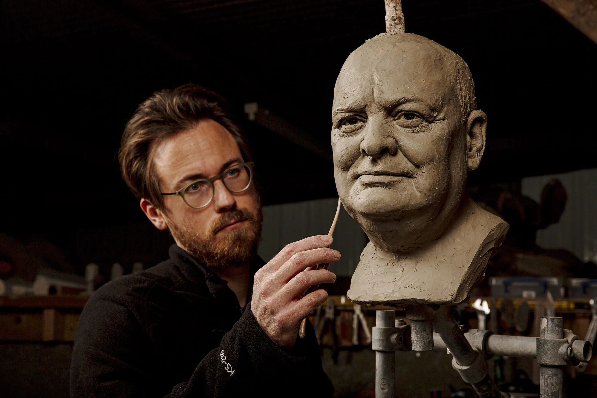 Winston Churchill portrait sculpture in clay
